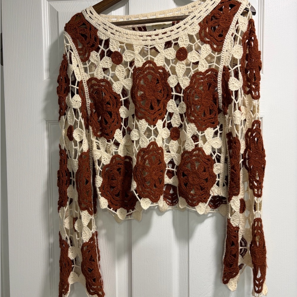 Boho Crochet Crop Top in Cream and Rust size M- festival Statement piece